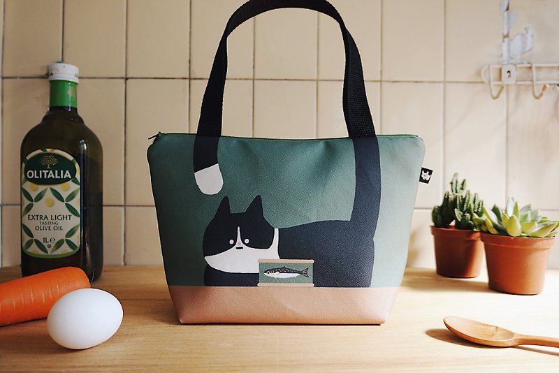 zipper lunch bag- FurryZoo cats - กระเป๋าถือ - เส้นใยสังเคราะห์ สีเขียว