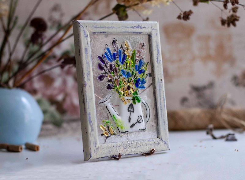ラベンダーの花束 - フレームのガラス パネル。 居心地の良い家のための花の装飾 - 置物 - ガラス ブルー