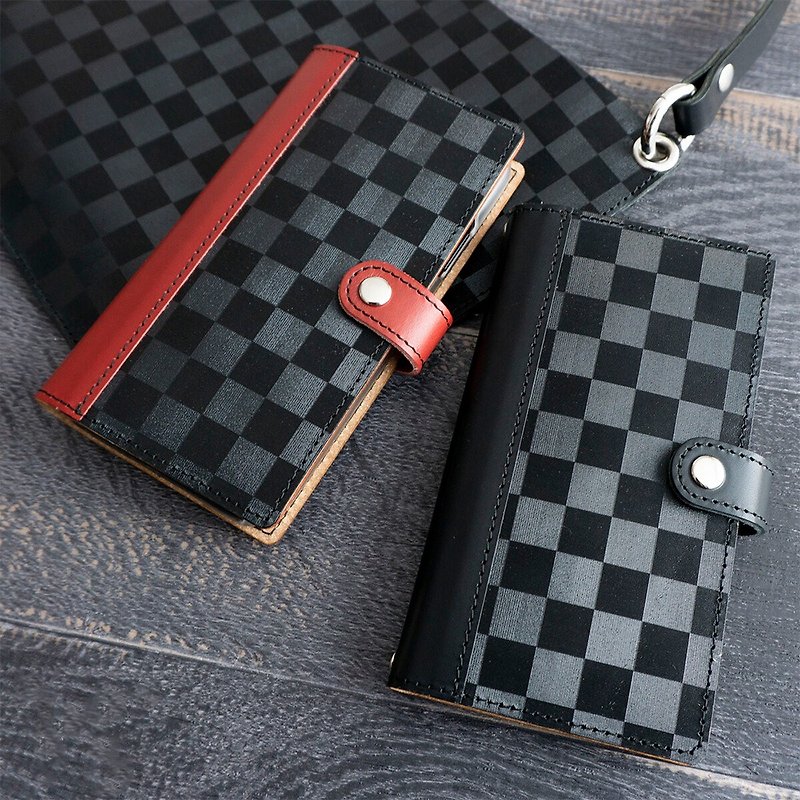 Compatible with all models Smartphone case Notebook type [Italian leather - Checkered] Leather Checked Black AH03K - เคส/ซองมือถือ - หนังแท้ สีดำ