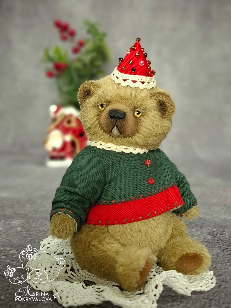 Handmade teddy bear Dressed bear New year gift - ตุ๊กตา - วัสดุอื่นๆ สีนำ้ตาล