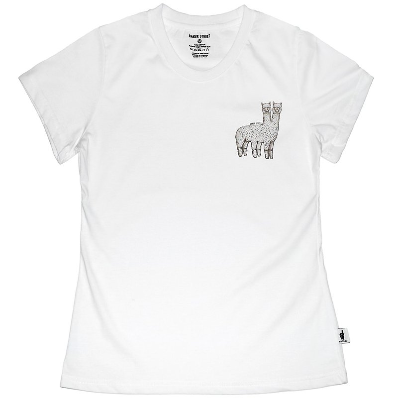 British Fashion Brand -Baker Street- Two-headed Alpaca Printed T-shirt - เสื้อยืดผู้หญิง - ผ้าฝ้าย/ผ้าลินิน ขาว