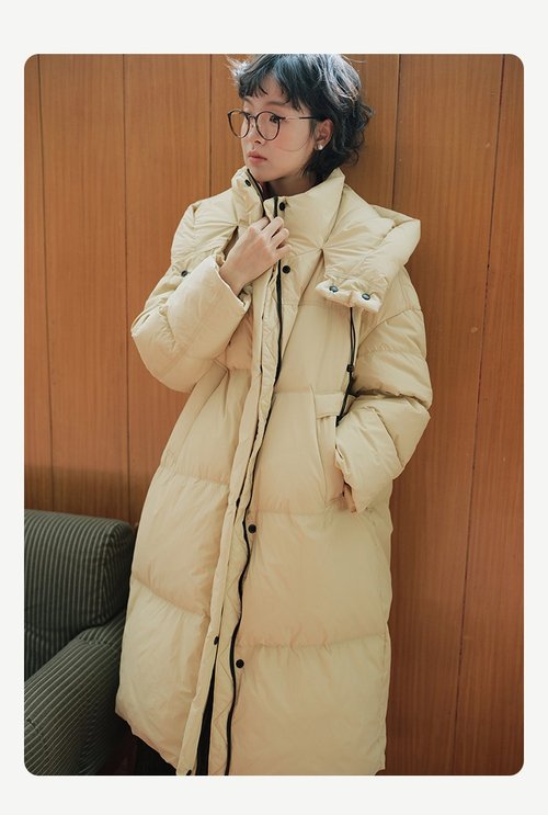 說與山聽 白鴨絨長款帶帽純色羽絨服
