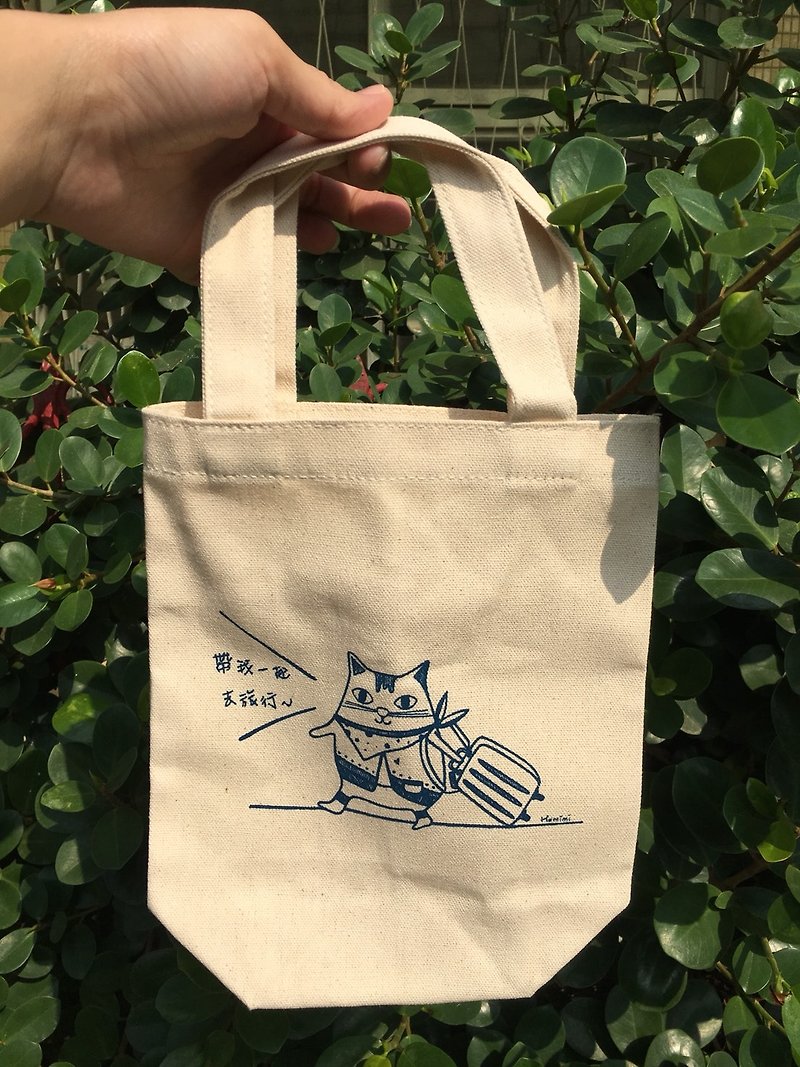 Cat Loves Travel Canvas Bag-Navy Blue - ถุงใส่กระติกนำ้ - ผ้าฝ้าย/ผ้าลินิน สีใส