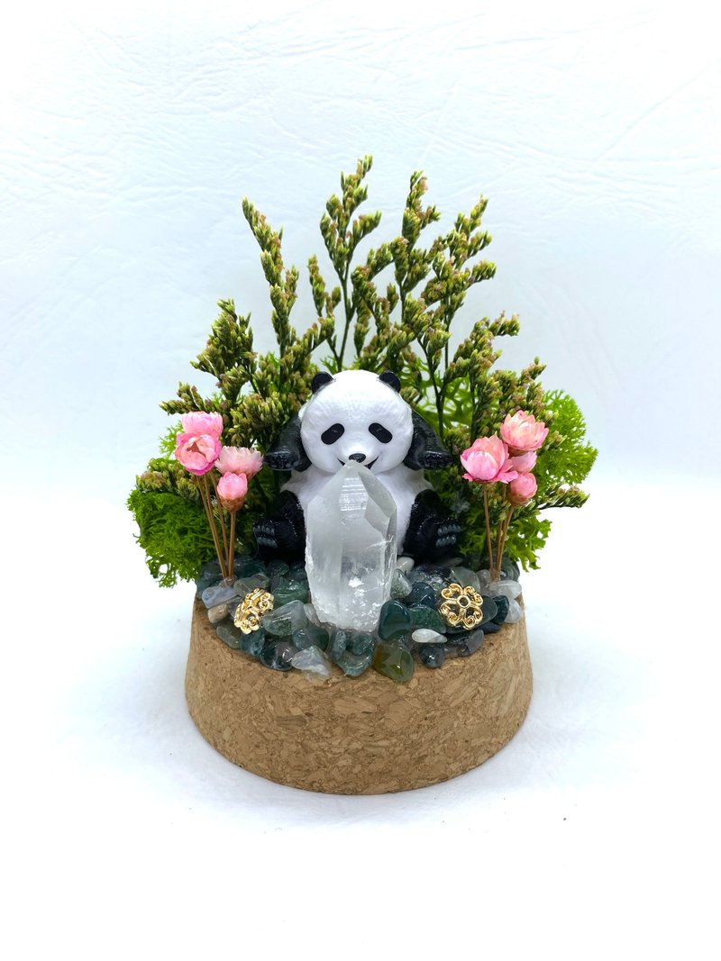 草綠樹林。貓熊與白水晶-手工玻璃罩公仔/水晶/乾燥花擺設 - 擺飾/家飾品 - 水晶 