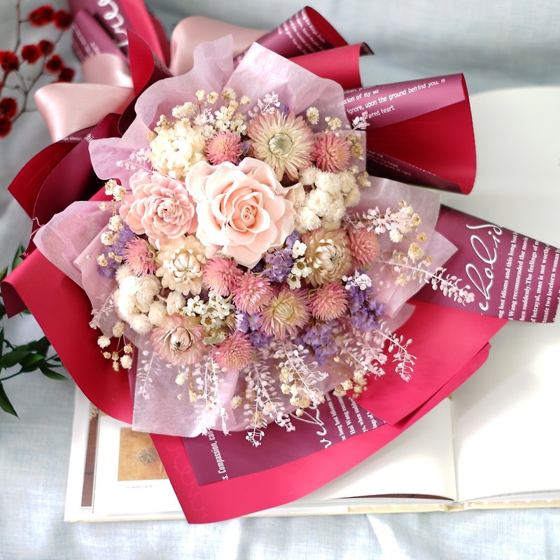 To be continued | Pink wine red dry flower bouquet Valentine's day girlfriend spot - ช่อดอกไม้แห้ง - พืช/ดอกไม้ 