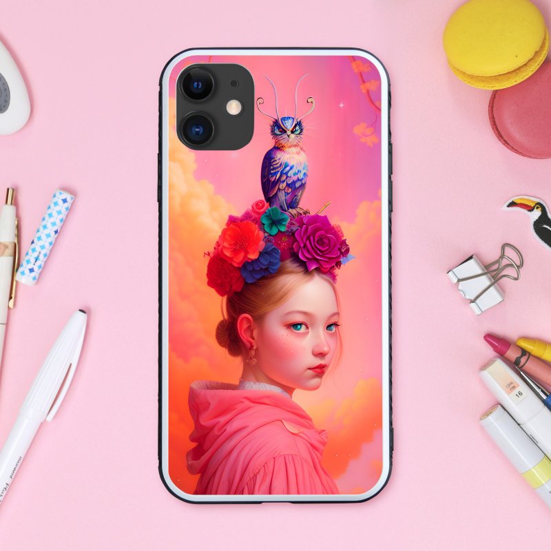 Dreamy and cute coral pink with a fairytale girl, flower lover and owls smartphone case [tempered glass finish] compatible with iPhone 16 - เคส/ซองมือถือ - พลาสติก หลากหลายสี