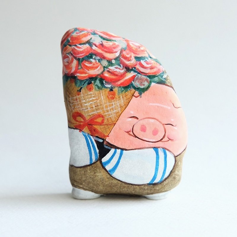 pig with flower stone painting handmade gift for Valentine day. - ตุ๊กตา - หิน สีแดง