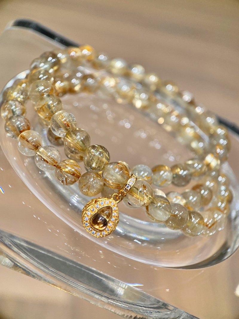 天然ゴールドルチルクォーツブレスレット + イエロートルマリンひょうたん 三連ブレスレット - ブレスレット - クリスタル 