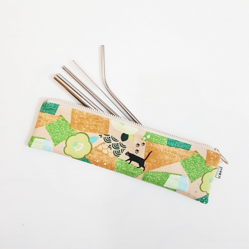施O綾專屬訂單【抹茶貓咪】 餐具袋 28*6cm - 居家收納/收納盒/儲物盒 - 棉．麻 綠色