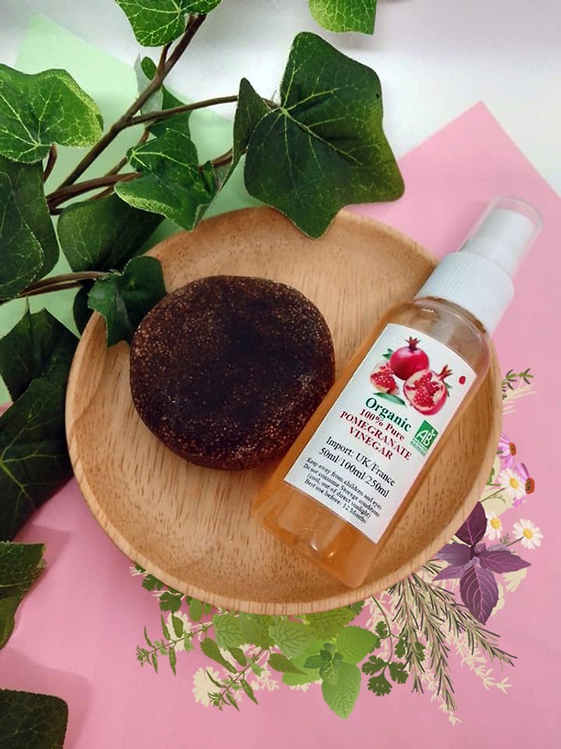 Plant-based hair nourishing kit/bubble shampoo (cassia seed) with organic pomegranate vinegar sparkling anti-knot spray - สบู่ - วัสดุอื่นๆ สีนำ้ตาล