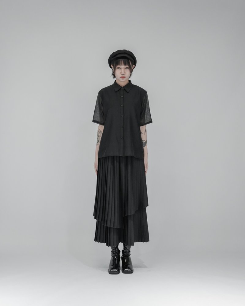 MUKK DESIGN 雙層微透視襯衫-黑 - 女襯衫 - 聚酯纖維 黑色