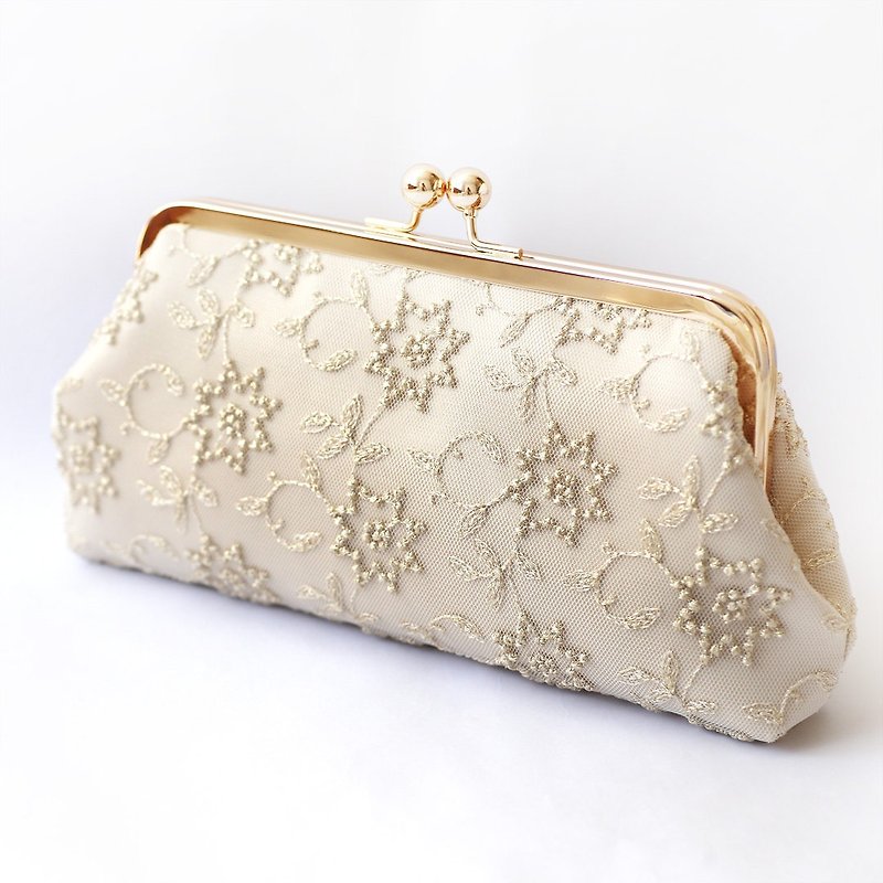 Metallic gold Embroidered Tulle Bridal Clutch in Champagne 8-inches | STAR FLOWER - กระเป๋าคลัทช์ - วัสดุอื่นๆ หลากหลายสี
