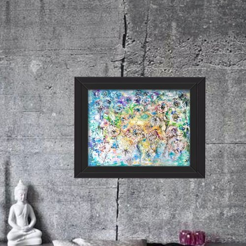 油彩　たんぽぽ タンポポの抽象油絵、オリジナルの手作り絵画、テクスチャのある