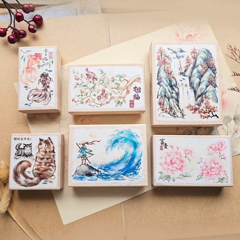 Full set of 6 sentimental ink-colored maple stamp P465 - ตราปั๊ม/สแตมป์/หมึก - ไม้ 