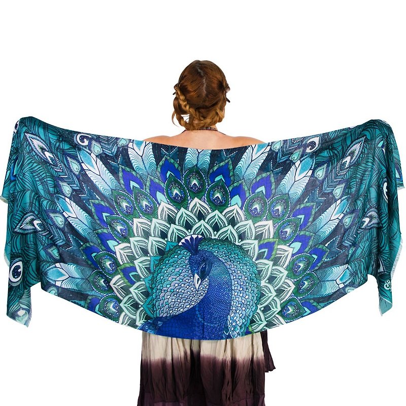 Aqua Peacock Scarf - cotton - 絲巾 - 棉．麻 藍色