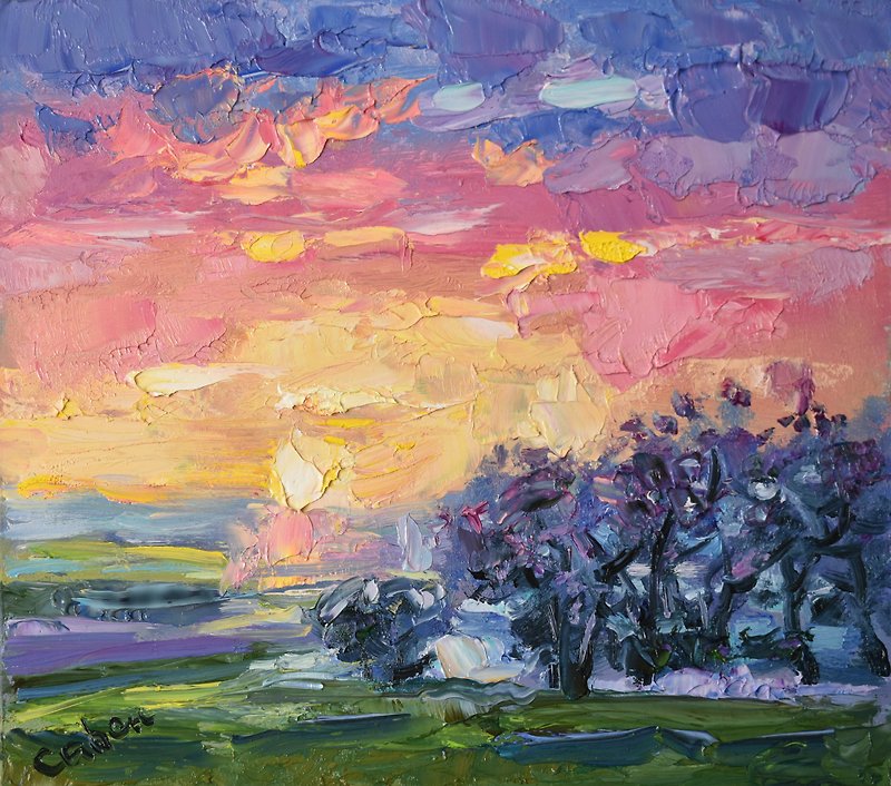 Landscape Original Painting Impressionism Art Trees Sky Sunset Artwork 景观 油畫原作 - โปสเตอร์ - ไม้ หลากหลายสี
