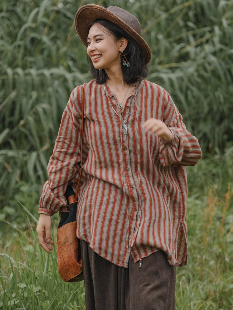 磚紅條紋 色織亞麻條紋長襯衫 寬鬆上衣 - 女襯衫 - 棉．麻 紅色