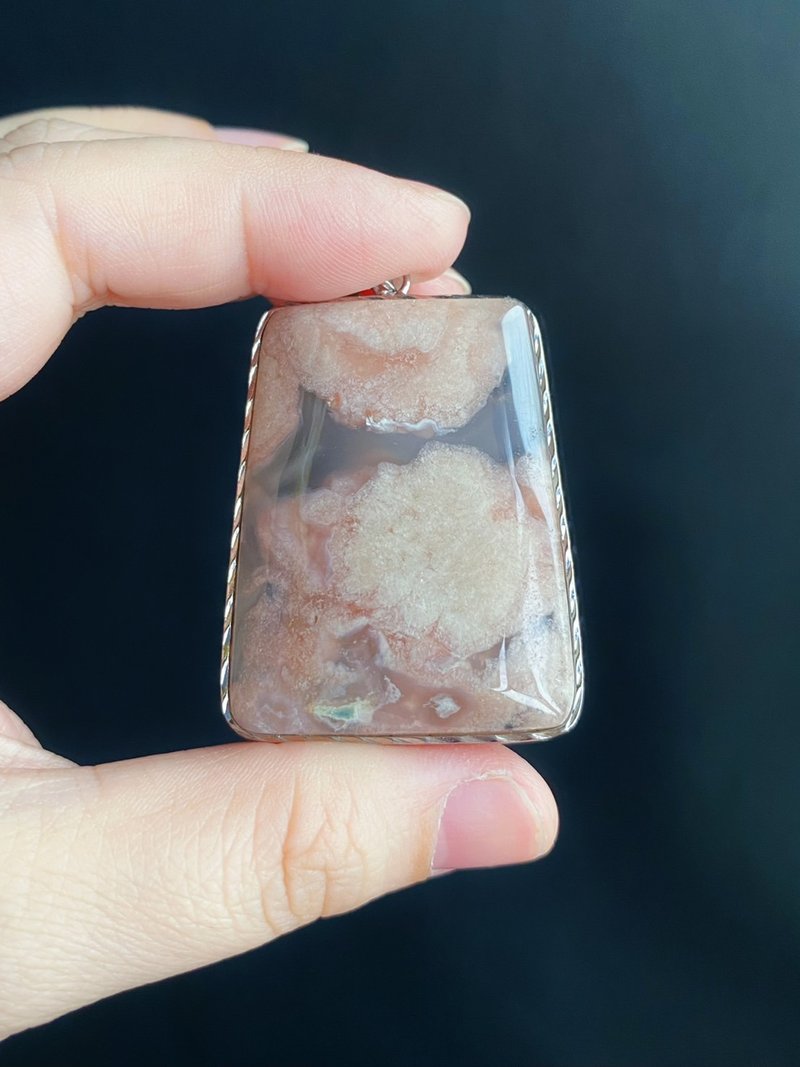 櫻花瑪瑙  灰冰底粉大花 項鍊 閨密 天然石 禮物 S925銀鑲 - 項鍊 - 水晶 灰色