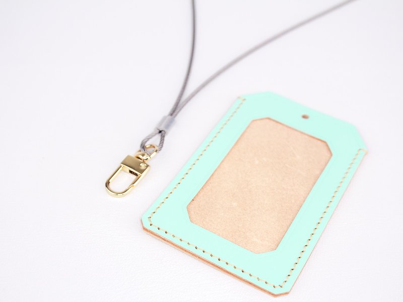 [Macaron] | ID Card Holder｜Stainless Steel Lanyard Badge - ID & Badge Holders - Genuine Leather Green