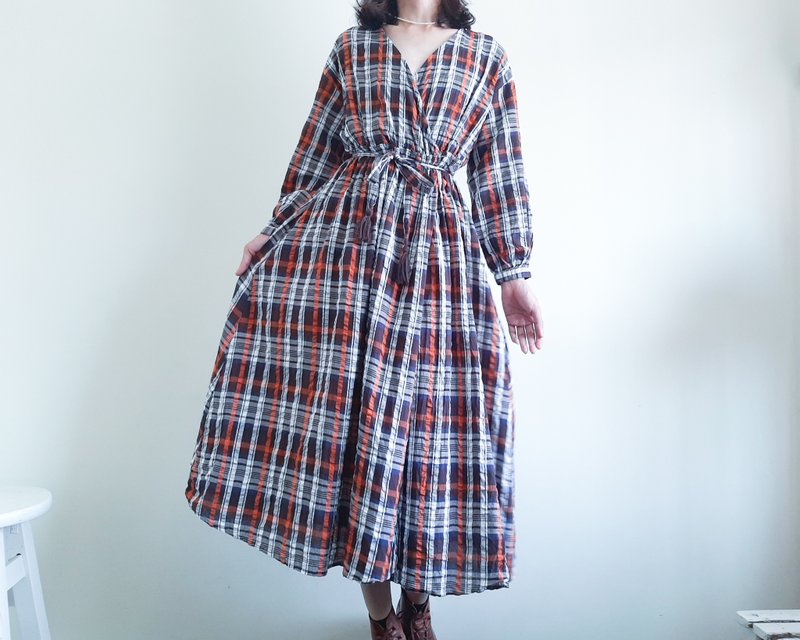 Vintage Cotton Plaid Wrap Dress Size M Boho Plaid Robe Crinkle Long Dress - One Piece Dresses - Cotton & Hemp Multicolor