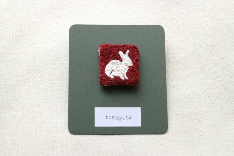 Fragment Series/Hand Embroidered Brooch/Rabbit - Brooches - Cotton & Hemp Red