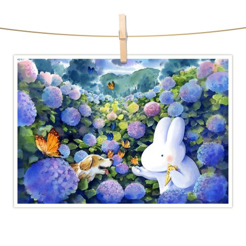 afu插畫日誌 afu水彩插畫明信片 - 繡球花園的訪客