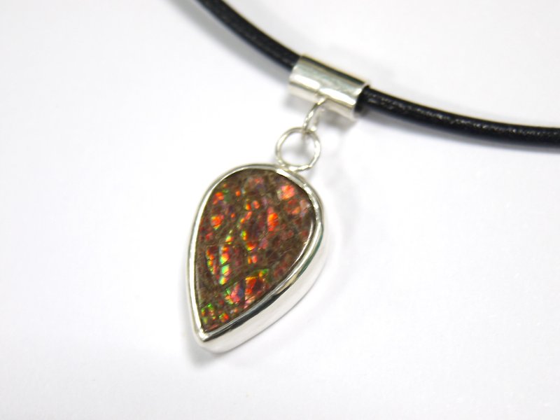 Canadian Choi Stone Ammolite-925 Sterling Silver Bag Necklace - Orange Red Drops - สร้อยคอ - โลหะ สีแดง
