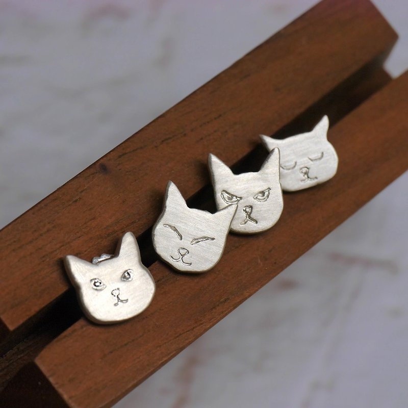 貓臉表情包耳環 不同造型4入一組 - 耳環/耳夾 - 純銀 銀色