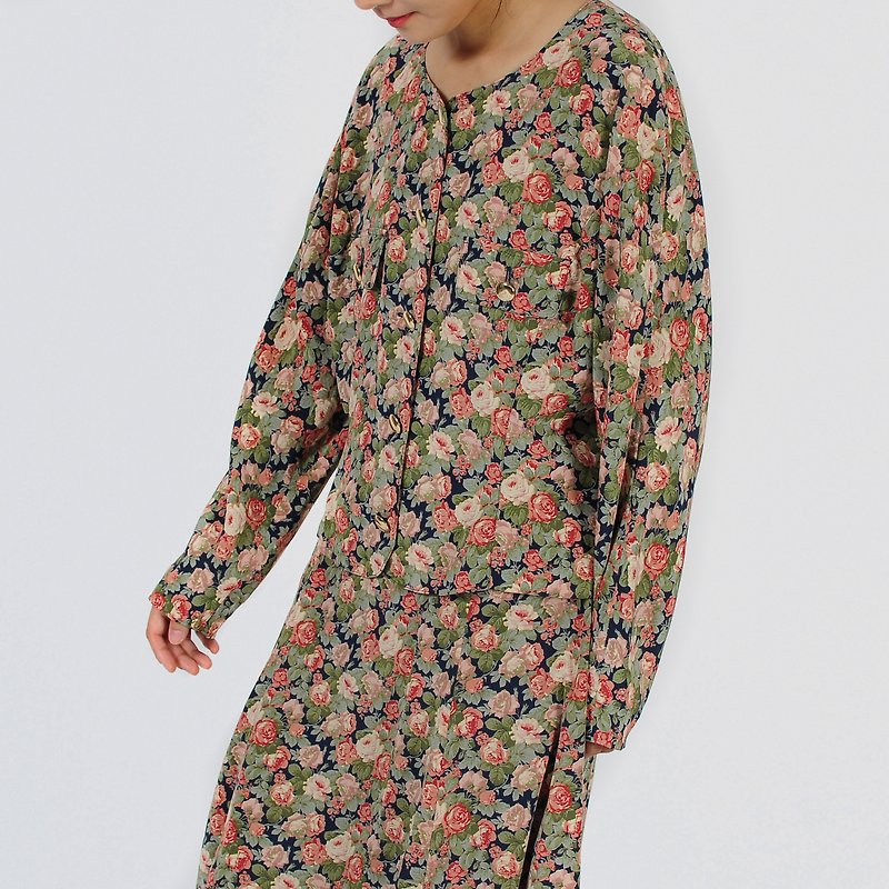 【Egg Plant Vintage】Night Visit to Rose Garden Printed Skirt Vintage Set - One Piece Dresses - Polyester 