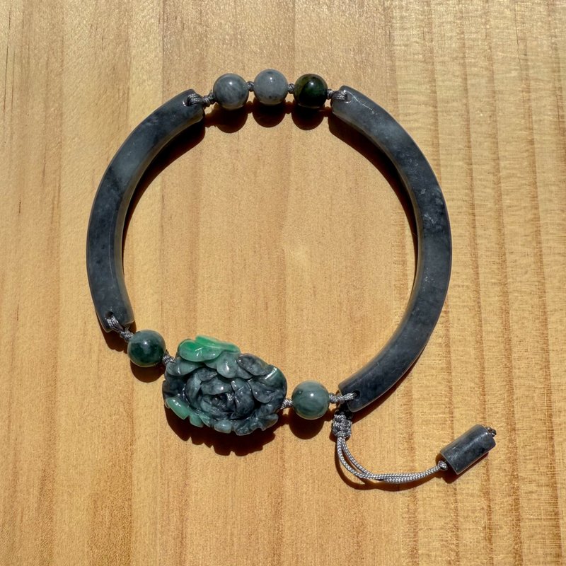 手工翡翠手鐲 - 午夜牡丹 - 手鍊/手鐲 - 玉石 黑色