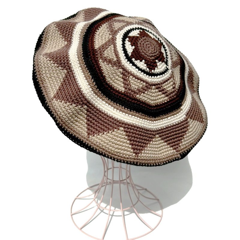 [Croche Tam] Zigzag Border Tam Beret BROWN - หมวก - ผ้าฝ้าย/ผ้าลินิน สีนำ้ตาล