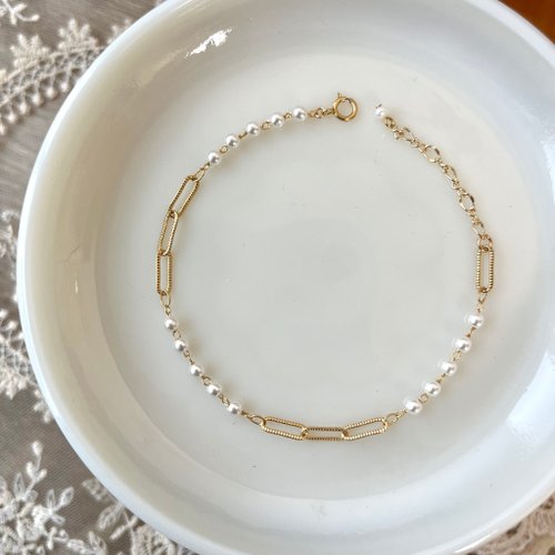 KAREN JEWELRY 14K包金 長方鏈條珍珠手鏈 14kgf