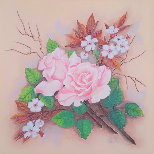IllaUartGallery Roses Painting Cherry Blossom Original Art Floral Wall Art Pink Flower Painting