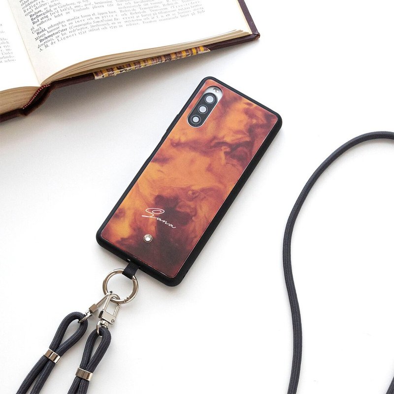 多機種対応 スマホケース ガラス HMストラップ付 【 べっ甲風 名入れ 】 スマホショルダー ショルダーストラップ 文字入れ JI77U - 手機殼/手機套 - 玻璃 咖啡色