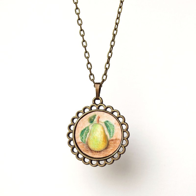 "Fruit illustration painted authentic" Pear Pear necklace retro vintage - Chokers - Other Metals 