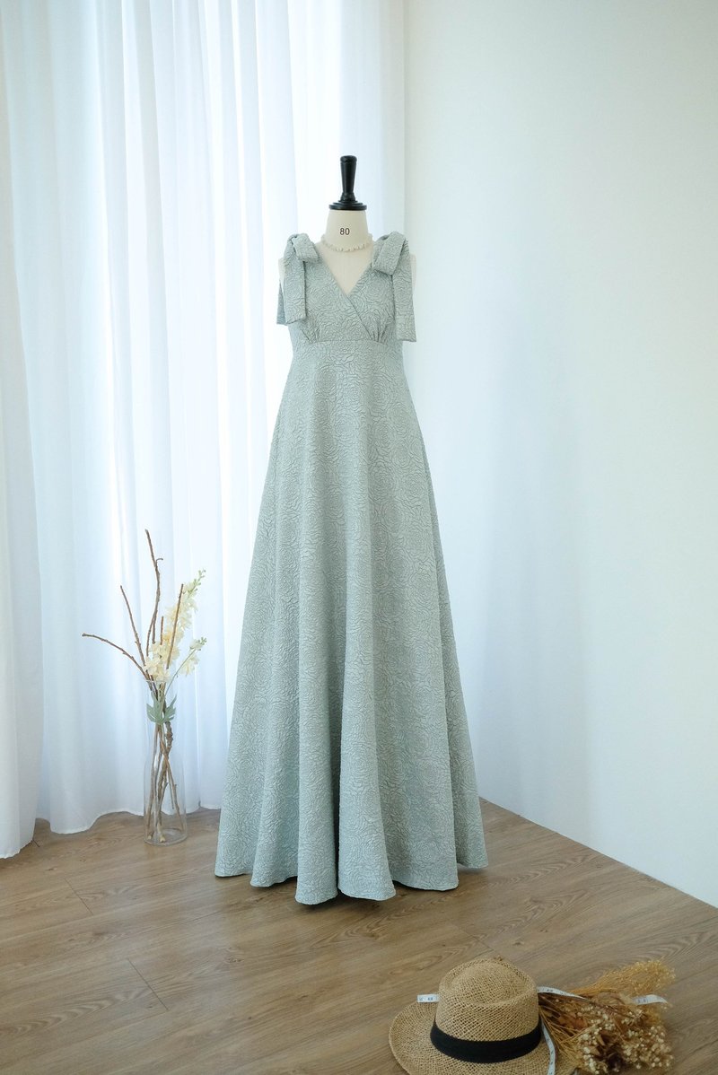 Sage green Jacquard bridesmaid party maxi dress Cocktail Prom wedding dress - 禮服/小禮服 - 聚酯纖維 綠色