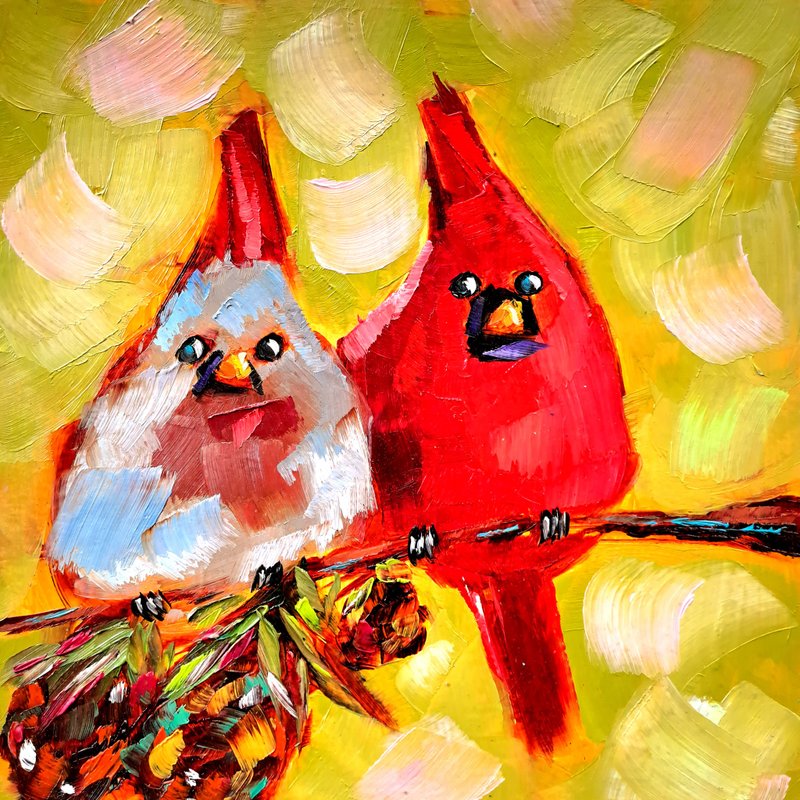 Cardinal Birds Oil Painting Small Birds Original Art Animals Wall Art - 壁貼/牆壁裝飾 - 其他材質 多色