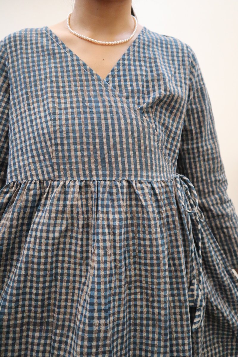 Cache-Coeur Long Sleeve Dress in Indigo with Large Check - One Piece Dresses - Cotton & Hemp Blue