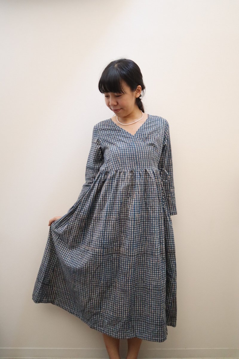 Cache-Coeur Long Sleeve Dress in Indigo with Large Check - One Piece Dresses - Cotton & Hemp Blue