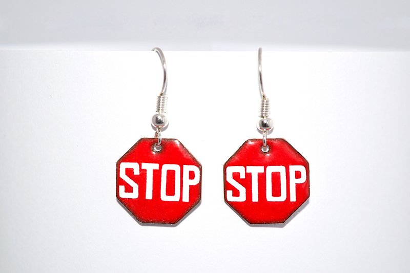 Stop, Stop Earrings, Enamel Earrings, Road Sign Earrings, Enameled, Enameled Jewelry, Traffic Sign, - ต่างหู - วัตถุเคลือบ สีแดง