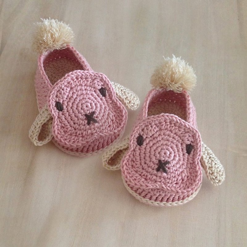 Shoes Booties Bunny Rabbit Lop Pink Beige Crochet Baby Footwear Pom Pom Tail - รองเท้าเด็ก - ผ้าฝ้าย/ผ้าลินิน สึชมพู