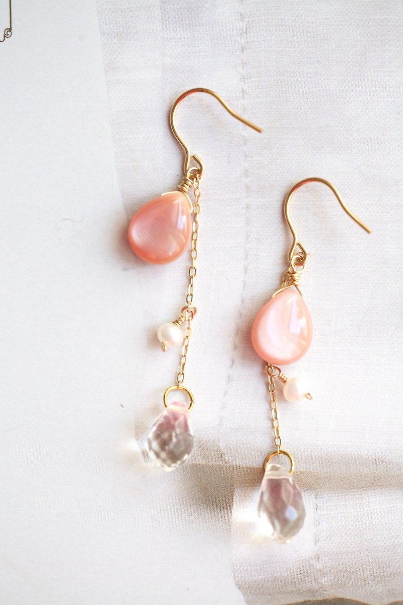 Pink Butterfly Shell White Crystal Long Earrings│Natural Pearl Pink Water Drop Birthday Gift Can Be Changed - Earrings & Clip-ons - Gemstone Pink