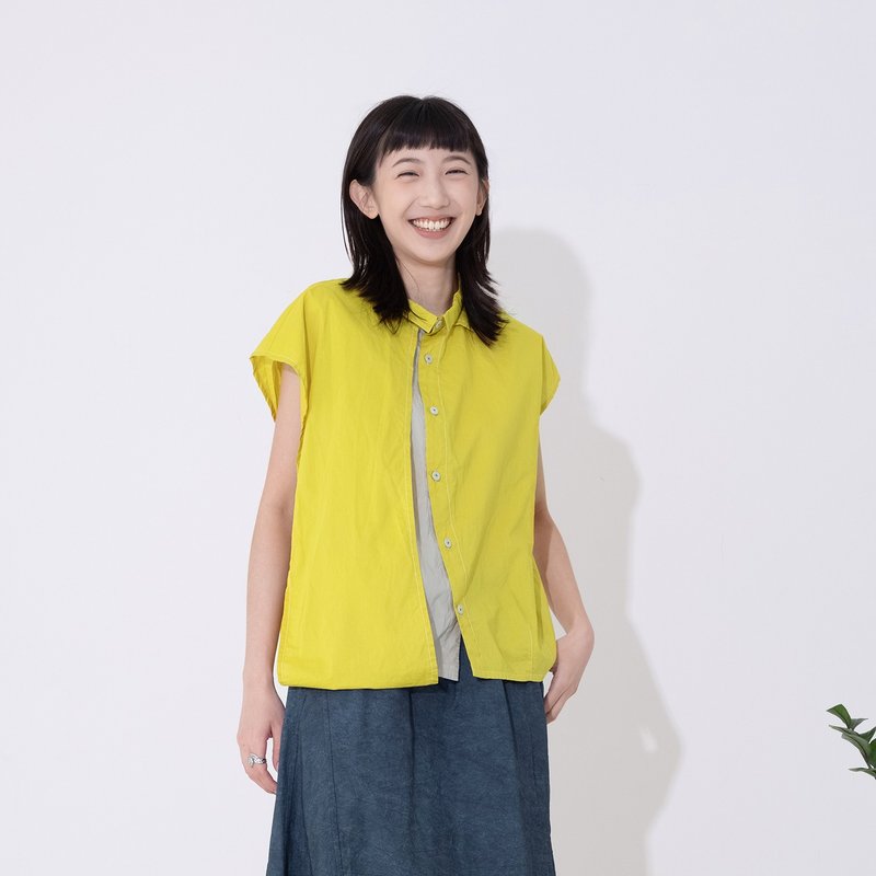 Crescent asymmetrical color shirt - เสื้อเชิ้ตผู้หญิง - ผ้าฝ้าย/ผ้าลินิน สีเหลือง