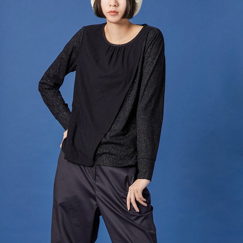 Stars spliced round neck knitted Silver onion long-sleeved top - Women's Tops - Cotton & Hemp Black
