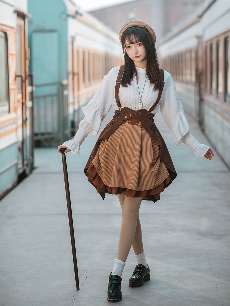 蒸汽朋克 造型神器 咖色 棕色 燈芯絨 外搭 背帶 腰封半裙 - 女短褲/五分褲 - 聚酯纖維 咖啡色