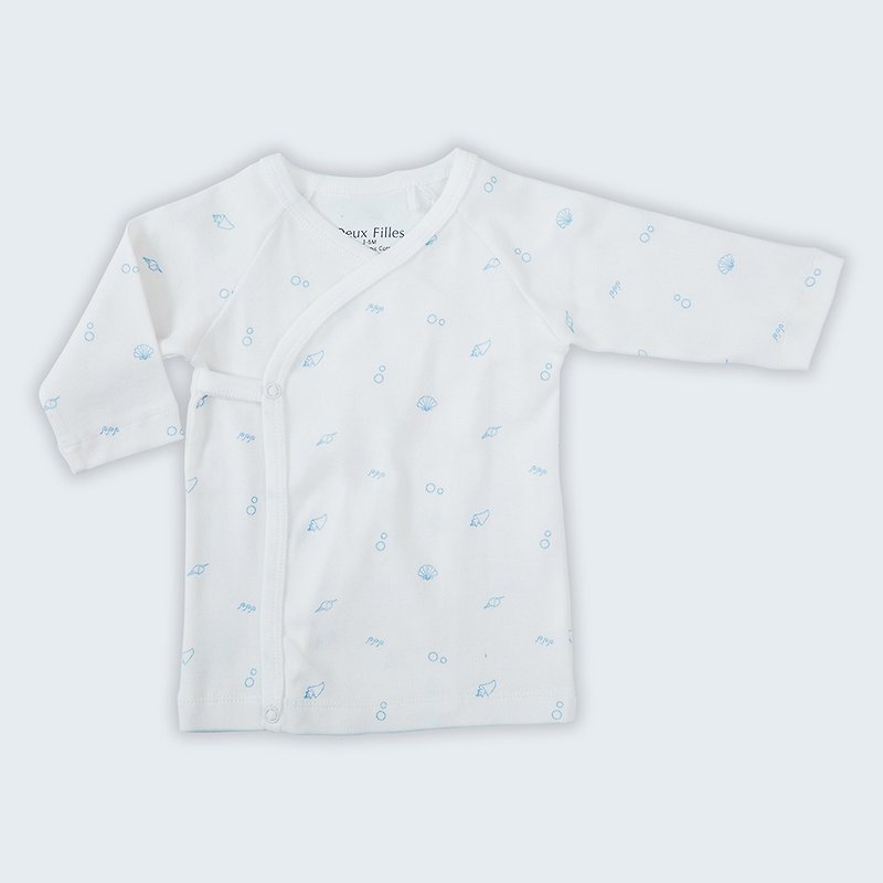 [Deux Filles organic cotton] baby side open belly dress 0~12 months (blue printing) - ชุดทั้งตัว - ผ้าฝ้าย/ผ้าลินิน สีน้ำเงิน