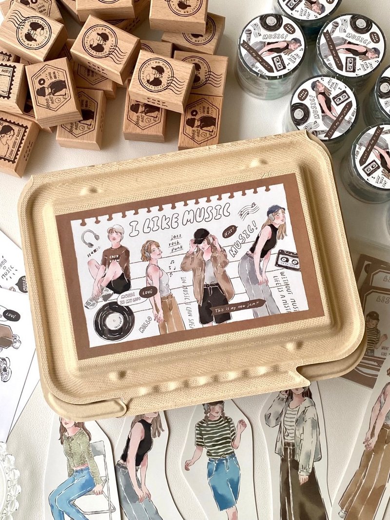 Cozyroom/Women listening to music paper tape stamp stamp gift box/lucky bag - Washi Tape - Paper Brown