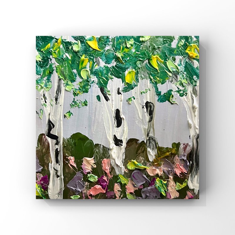 Original Oil Painting Abstract Birch Tree Art Birch Painting Impasto Wildflowers - 海報/掛畫/掛布 - 其他材質 卡其色