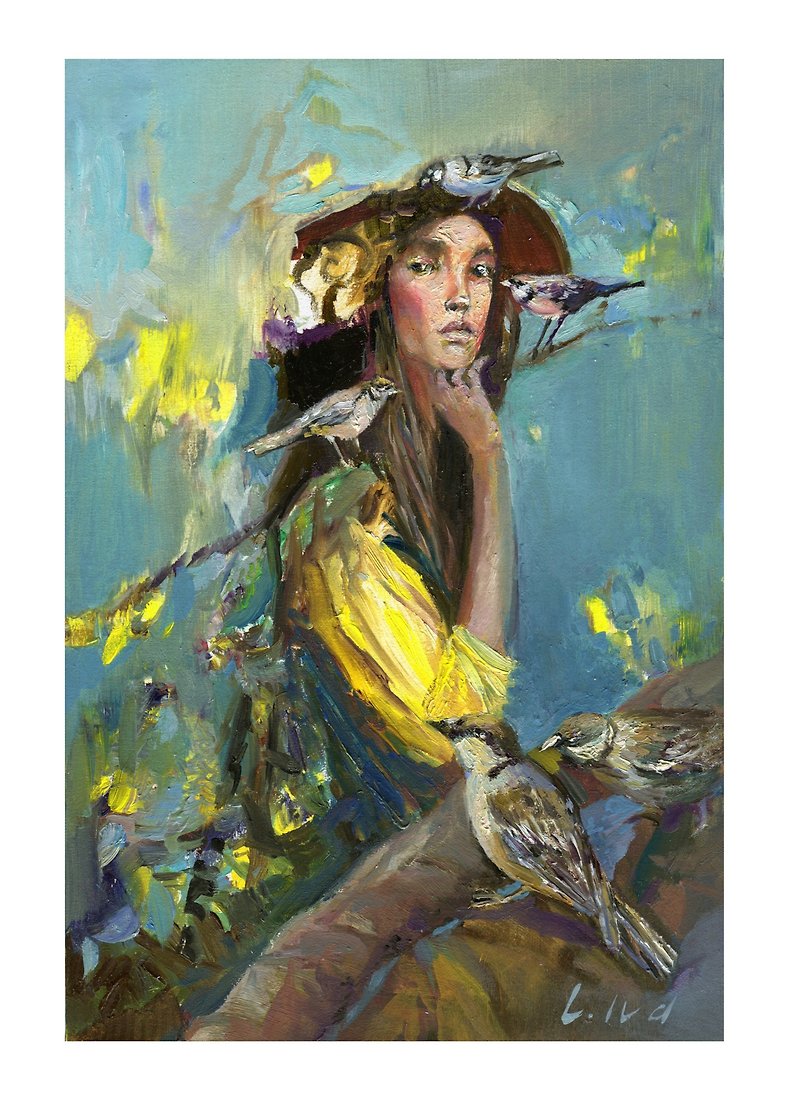 女性と鳥/油絵の壁飾り - ポスター・絵 - その他の素材 