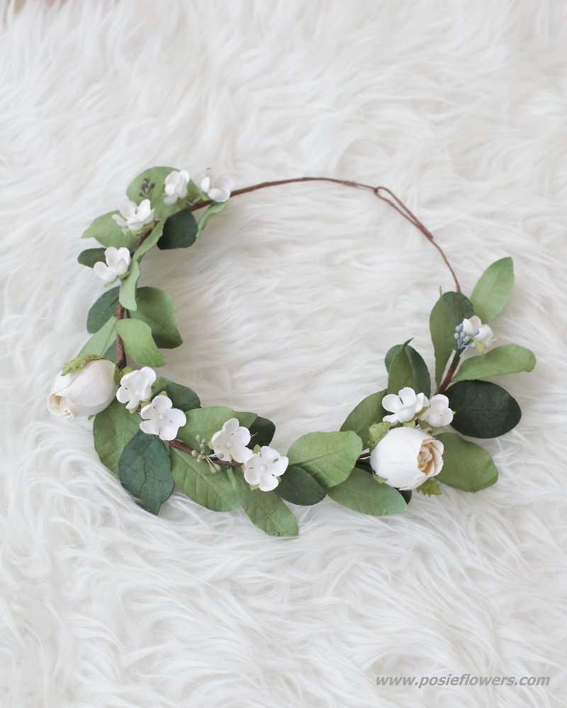 White Rose Handmade Floral Crown - เครื่องประดับผม - กระดาษ ขาว